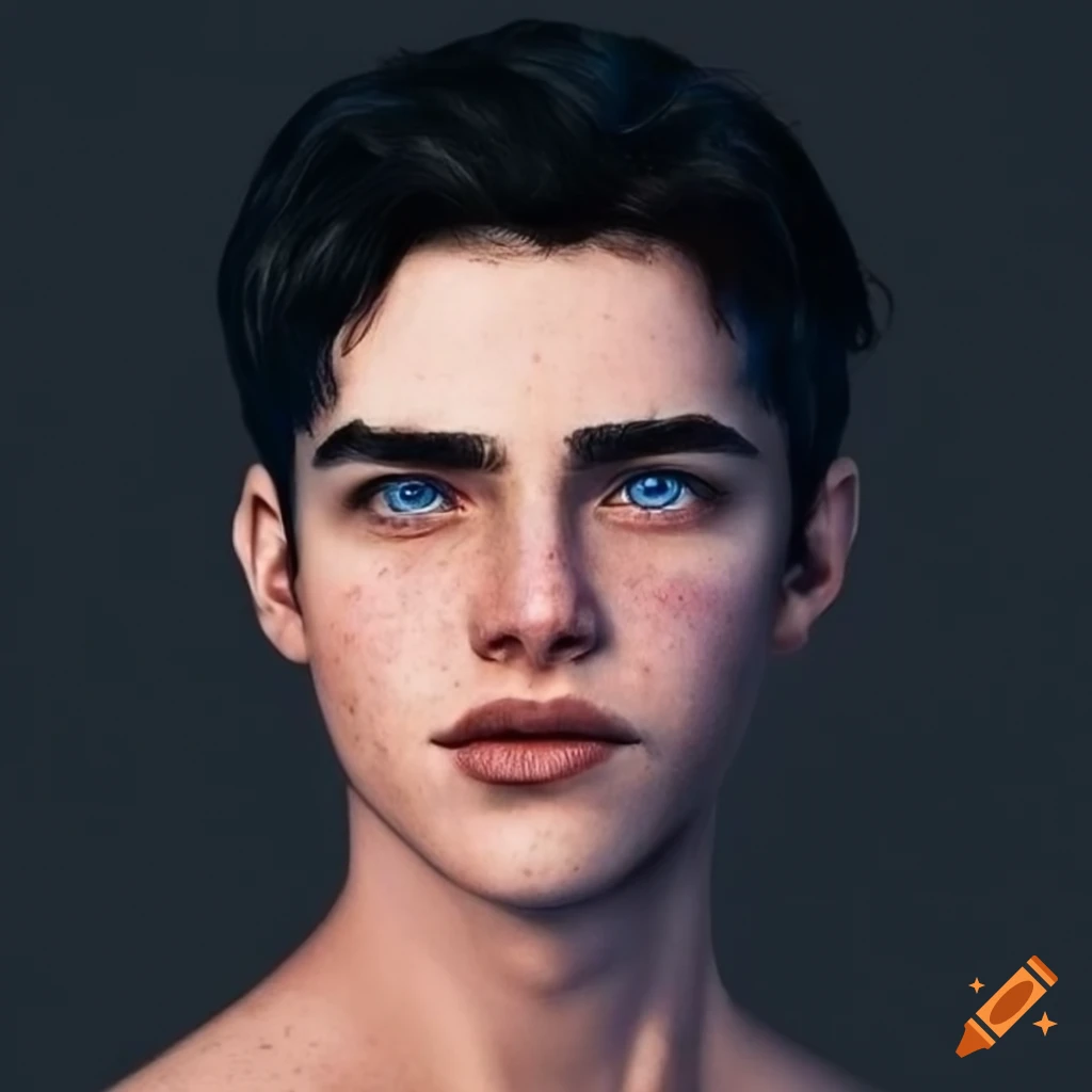 Portrait of a realistic guy with black hair and blue eyes