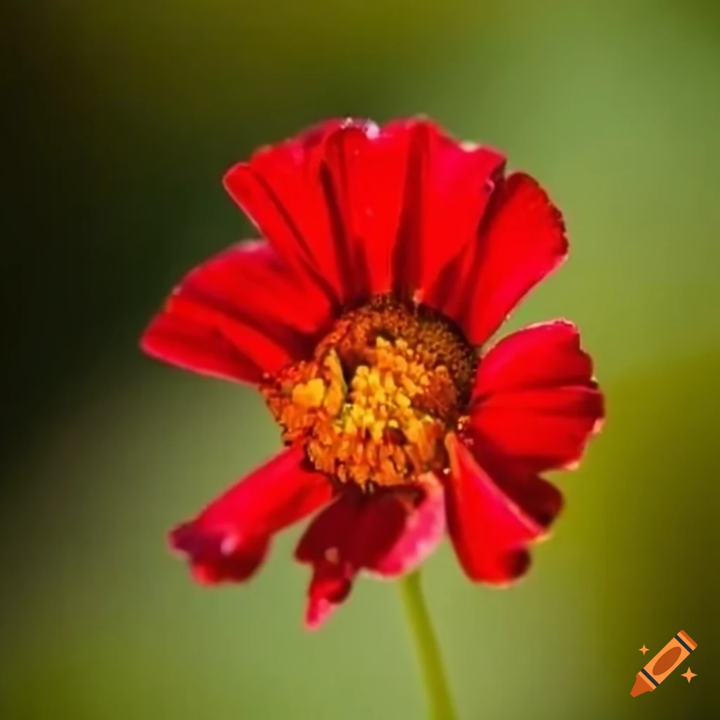close-up of a dew-covered red flower in sunlight