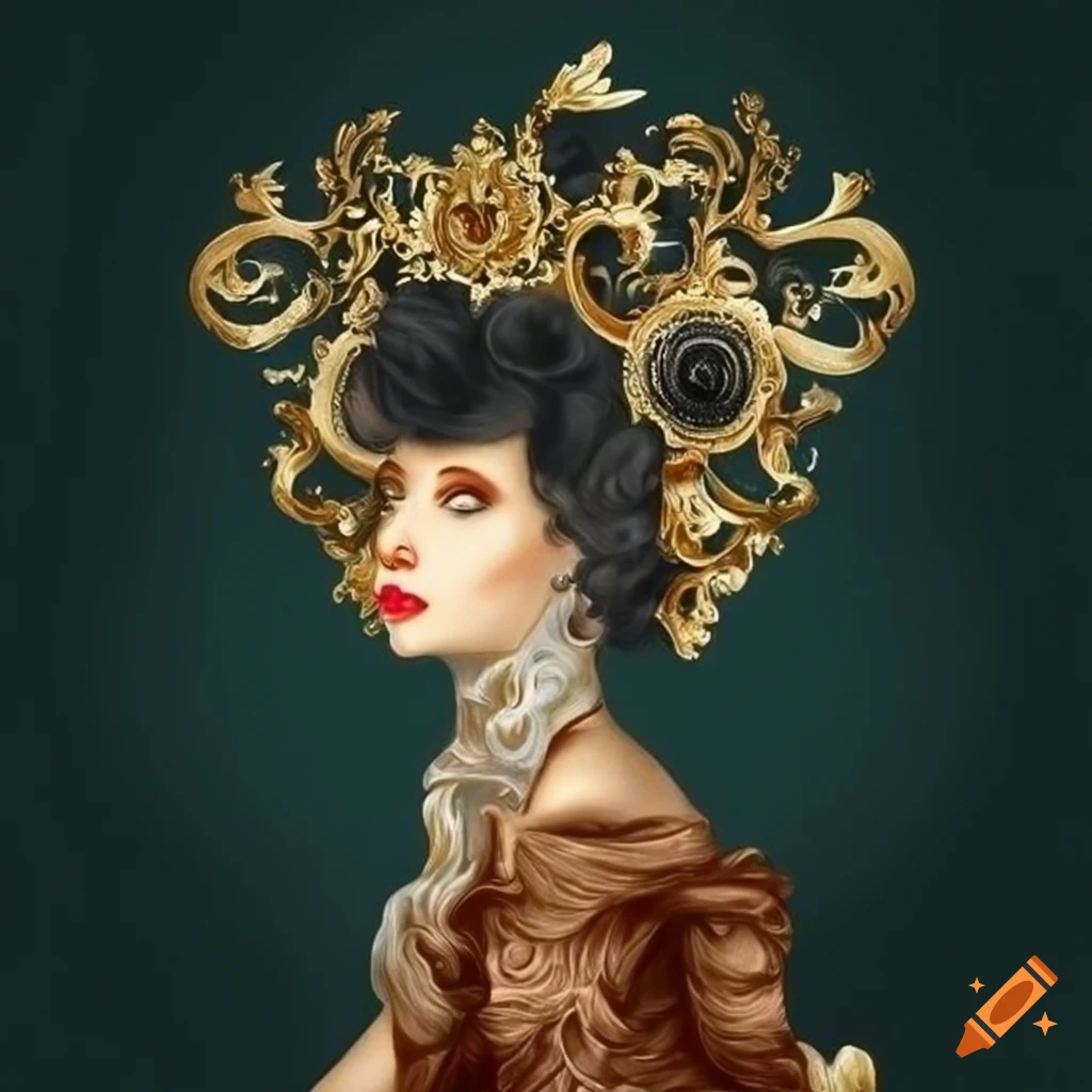 surrealistic black hair spread in gold clouds