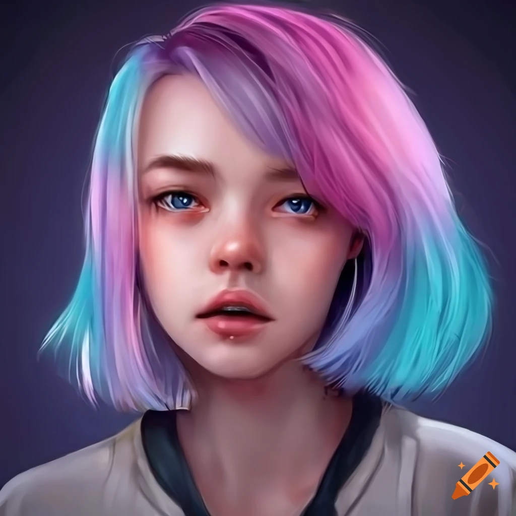 Realistic girl with pastel colors in short hair on Craiyon
