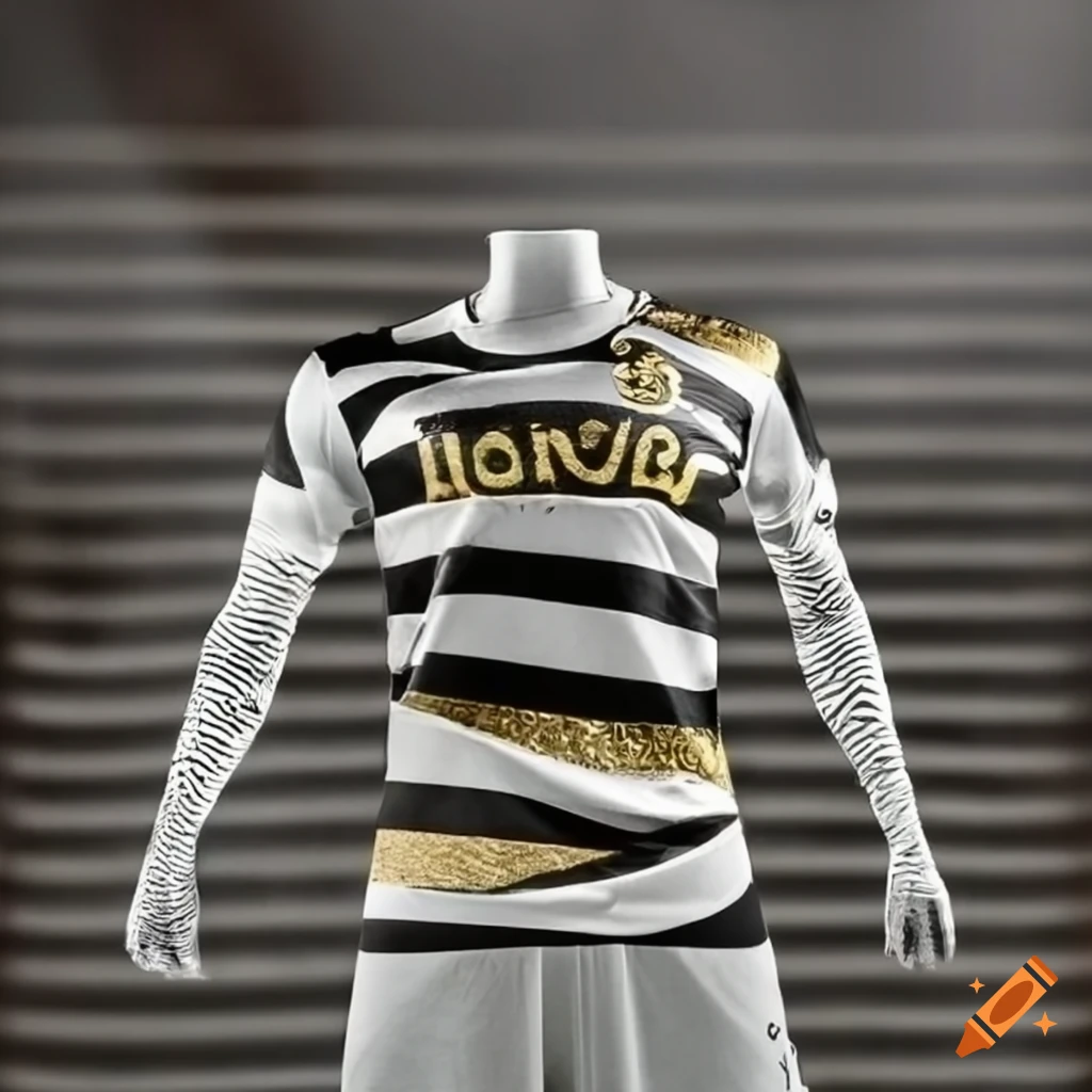 Zebra inspired soccer jersey in black and gold on Craiyon