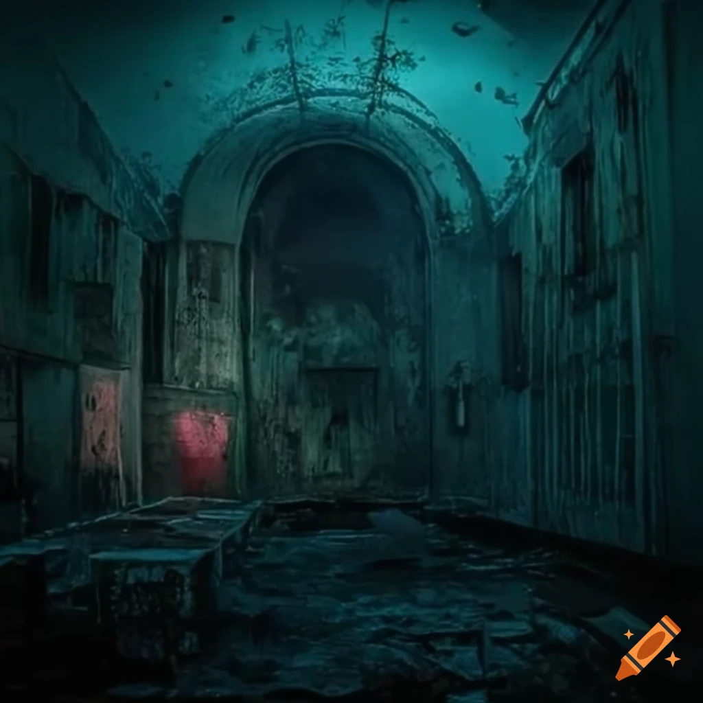 a deserted party venue with flickering lights