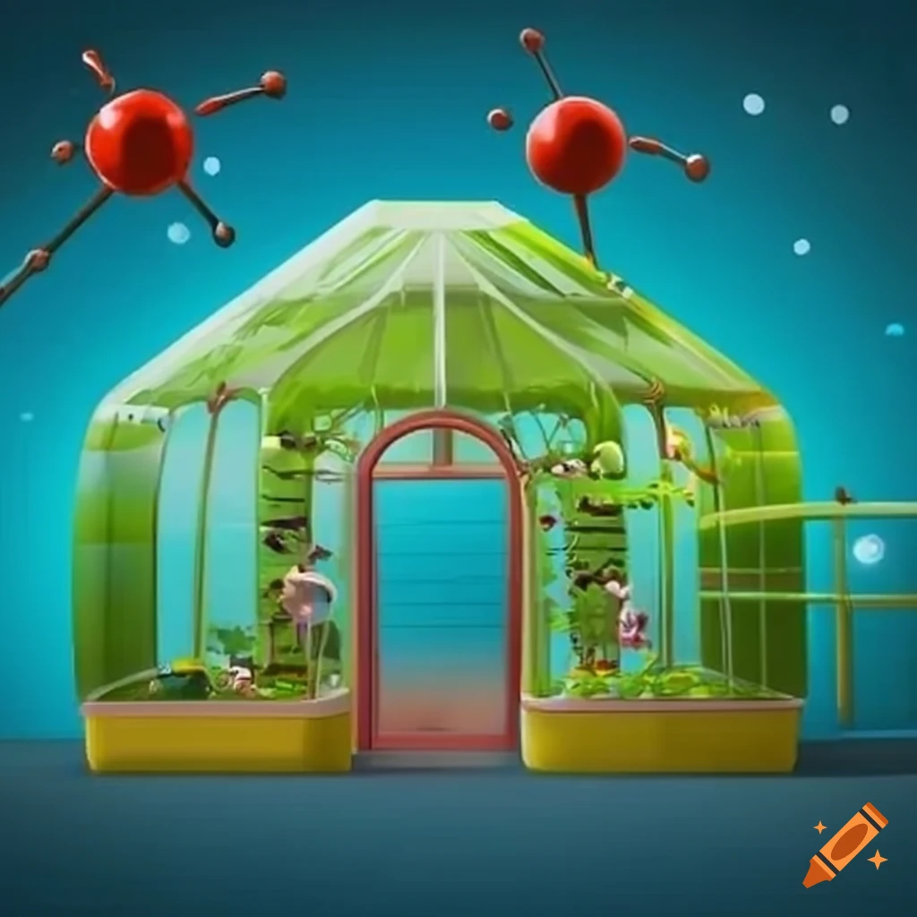 cartoon greenhouse with CO2 molecules explaining climate change