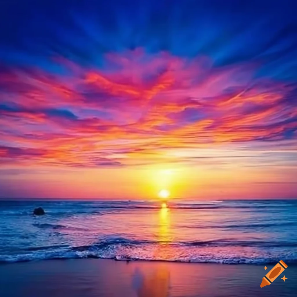 Beautiful sunset at the beach pink orange purple blue on Craiyon