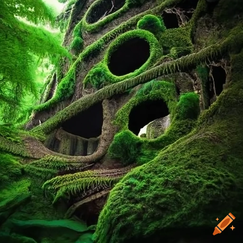 Glowing portal formed by bonsai tree roots in a bright forest on Craiyon