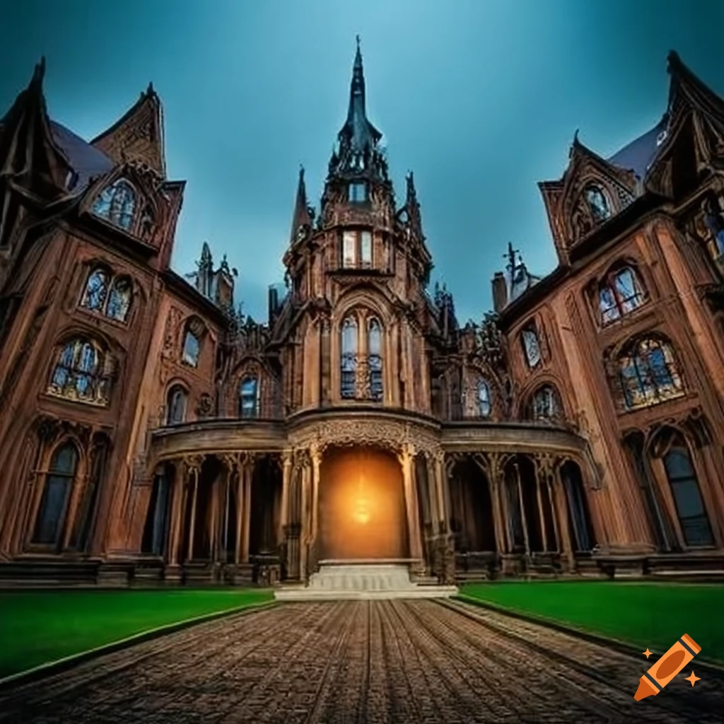 gothic revival mansion wide angle view