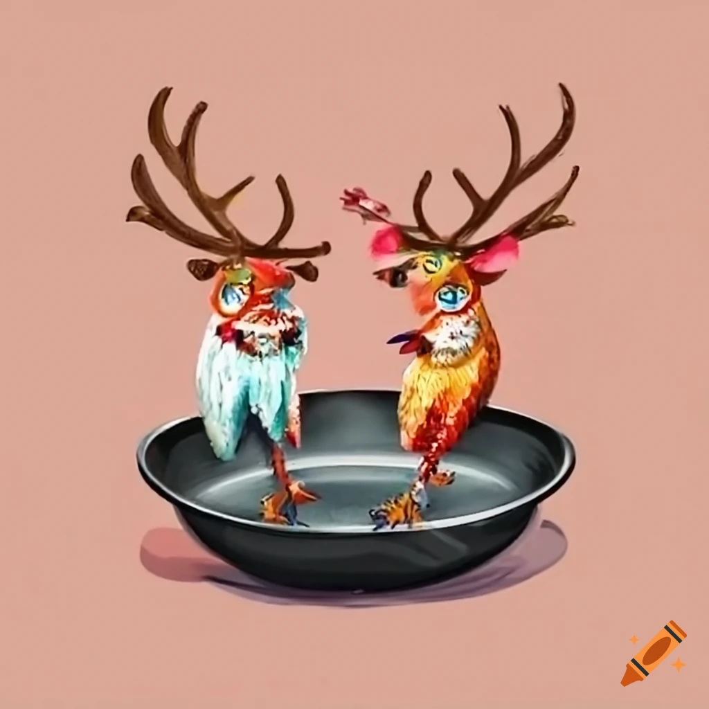 Image of reindeer, chickens, and frying pans