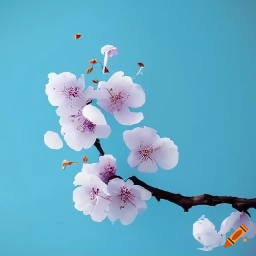 minimalist art of a sakura branch with cyan flowers