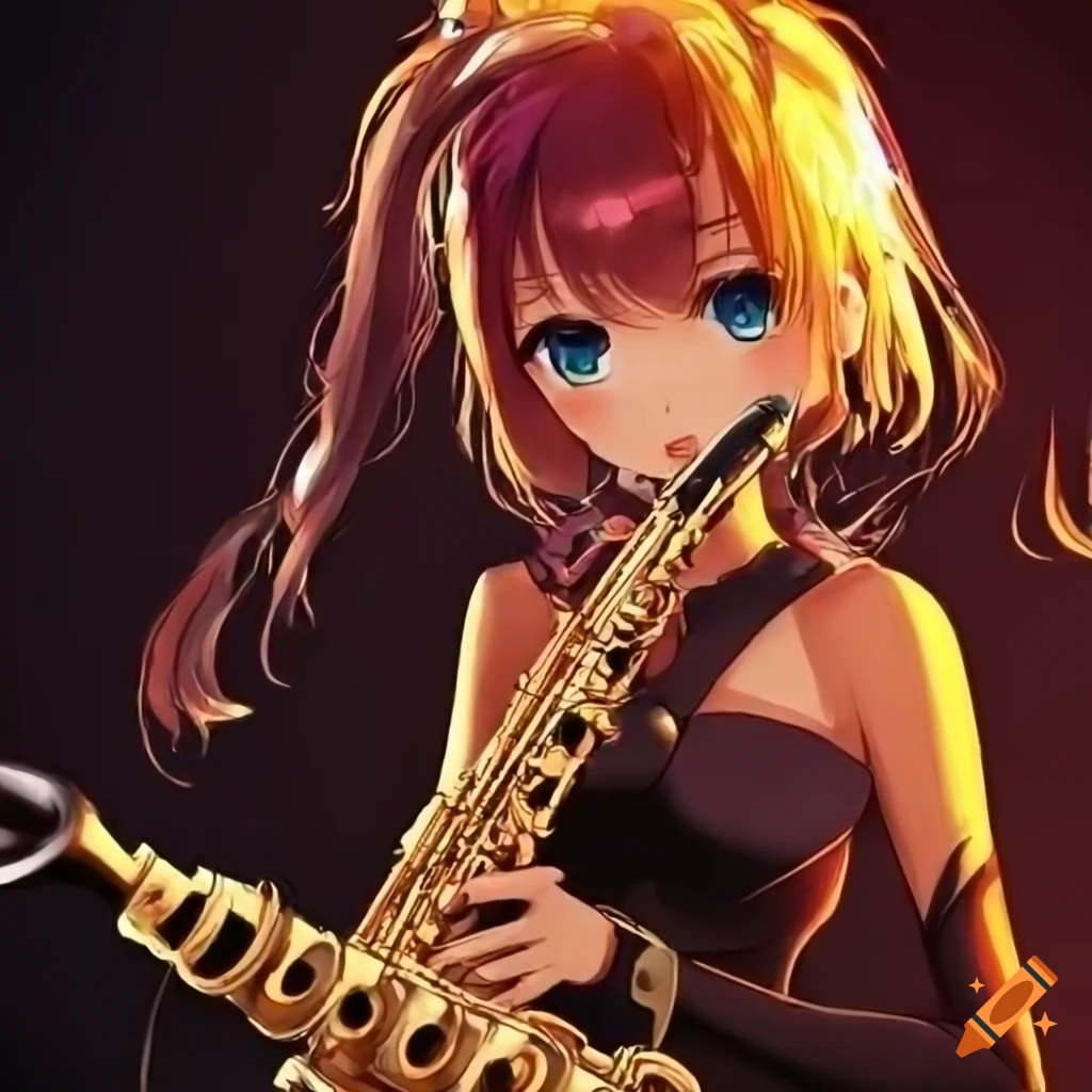 prompthunt: realistic anime, beautiful adult Irish woman playing saxophone,  action, wide angle shot, perfectly shaded, realistic anime, fairy tale,  fantasy, realistic, Alphonse Mucha, octane render, magical lighting,