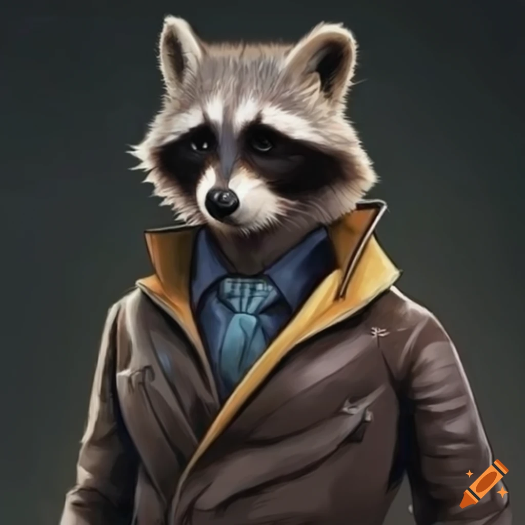 anthropomorphic raccoon in a jacket and hat