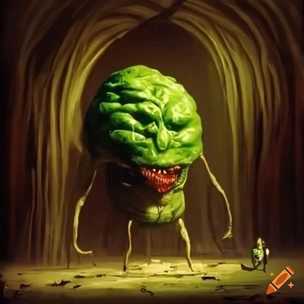 retrofuturistic horror illustration of giant spinach in San Francisco