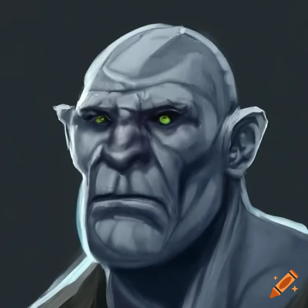 close-up of a grey-skinned male goliath blacksmith