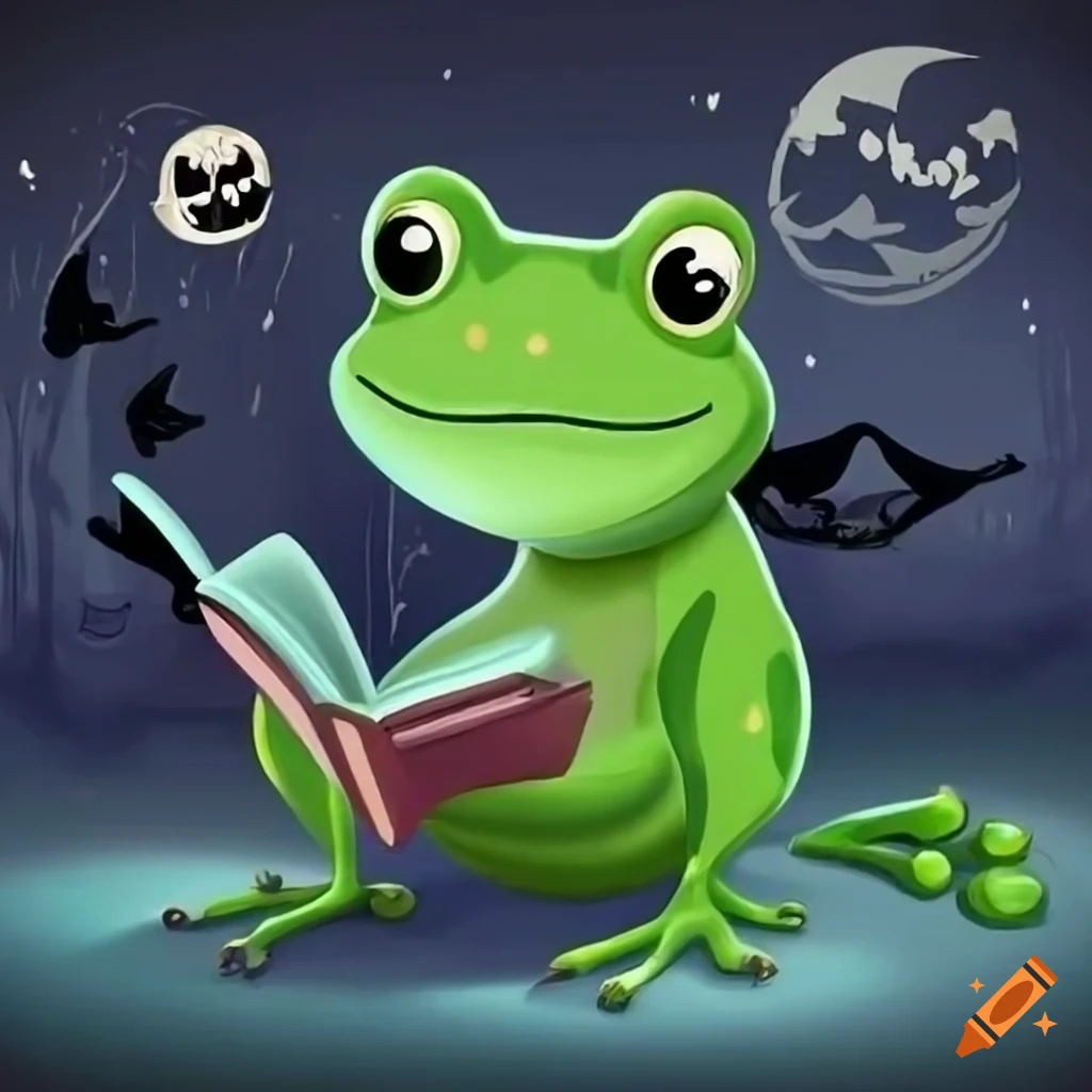 cartoon frog reading a spooky book