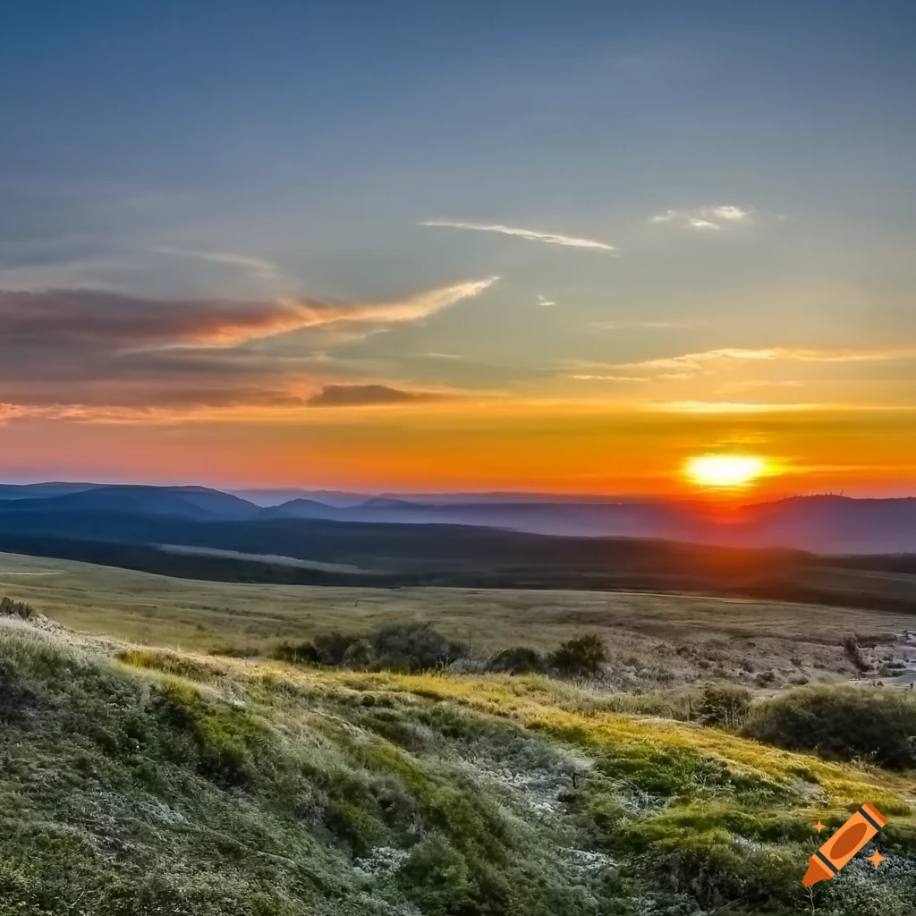 sunset seen from a mossy hill