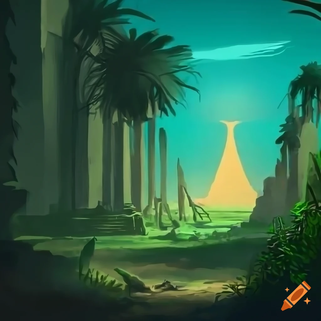 2d drawing of an ancient egyptian jungle landscape