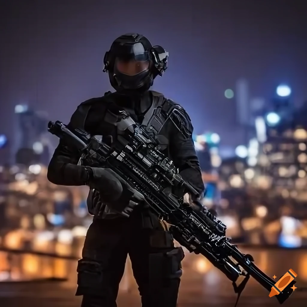futuristic soldier with a full face helmet and sniper rifle