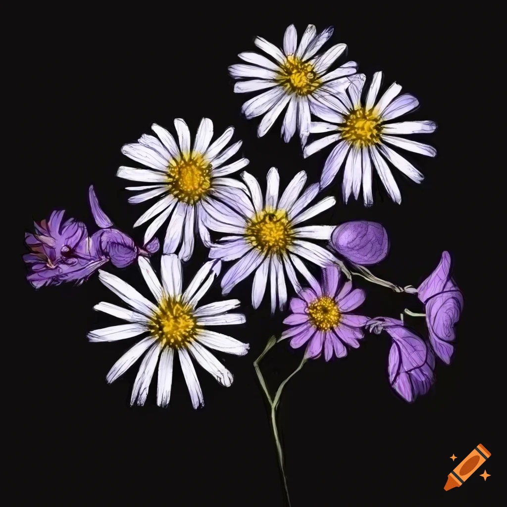 Collage colorful small flowers with black background style drawing on  Craiyon