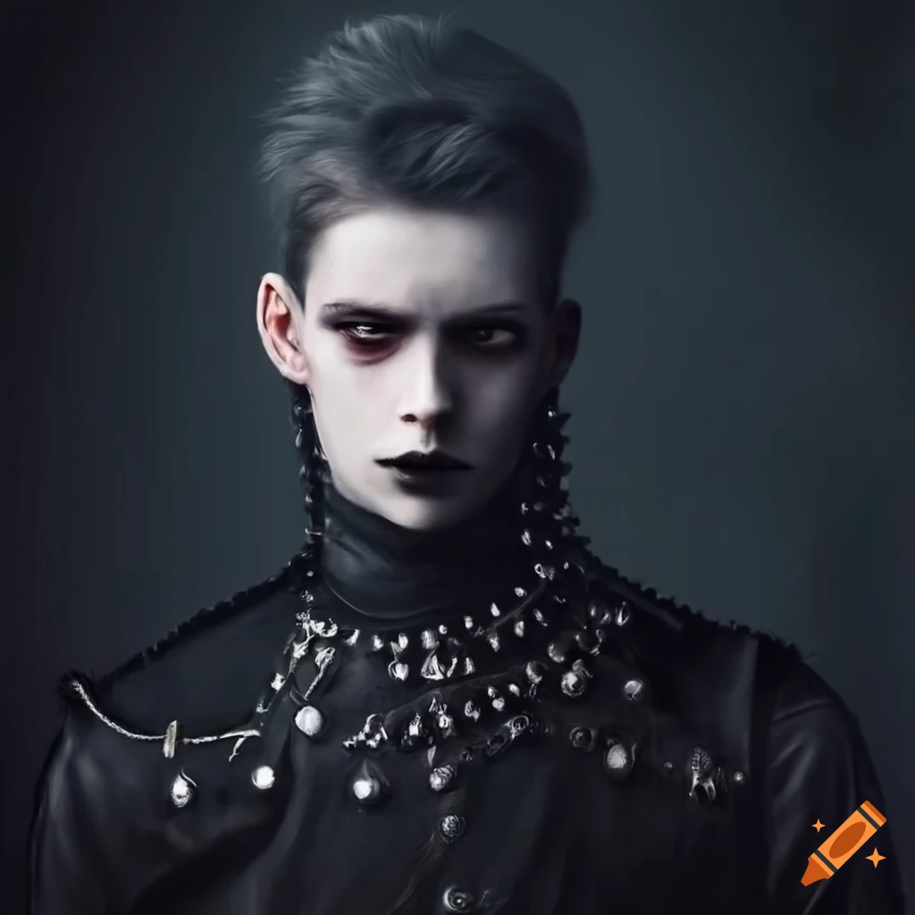 Hyperrealistic art of a young gothic man in black leather