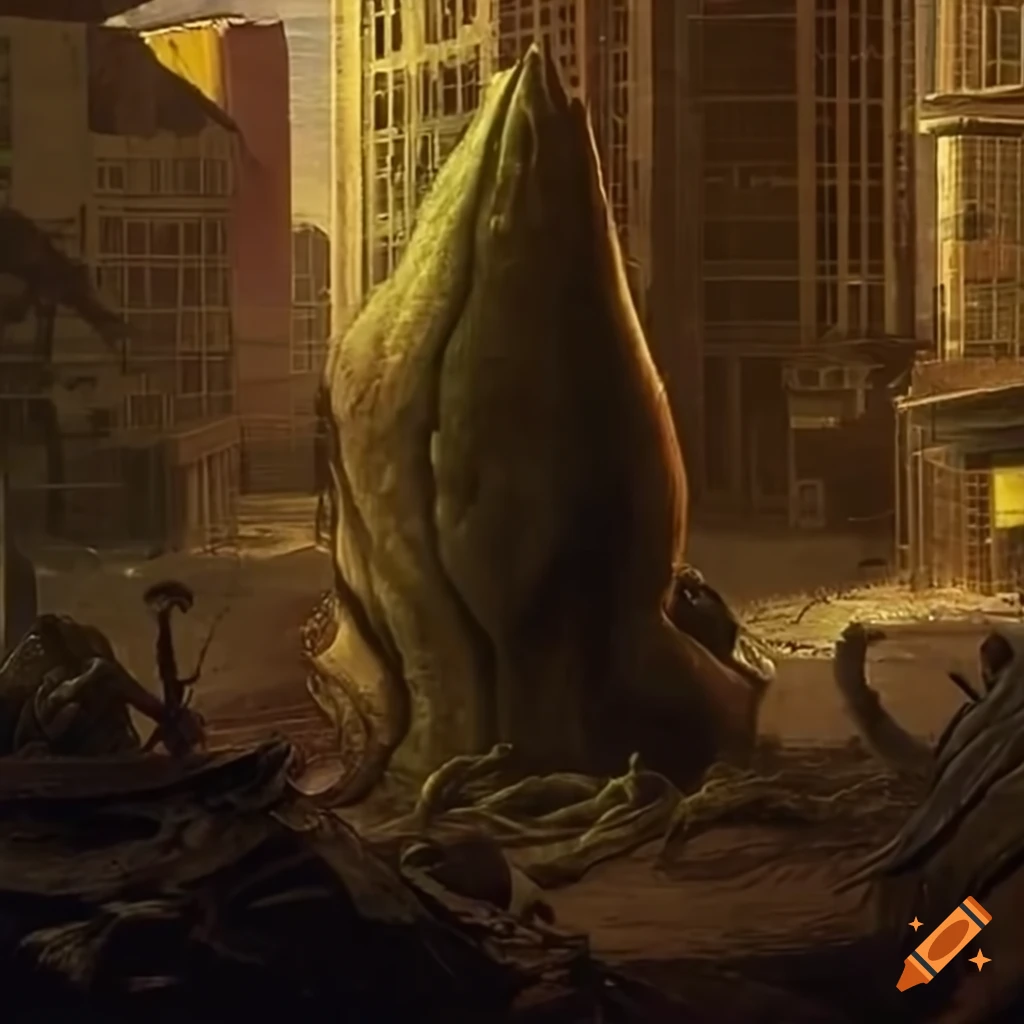 retrofuturistic horror illustration of giant spinach in San Francisco