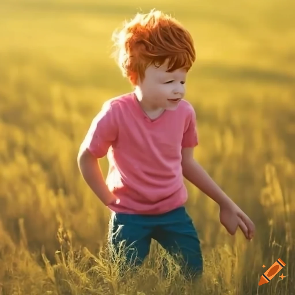 red-haired boy enjoying nature in a field