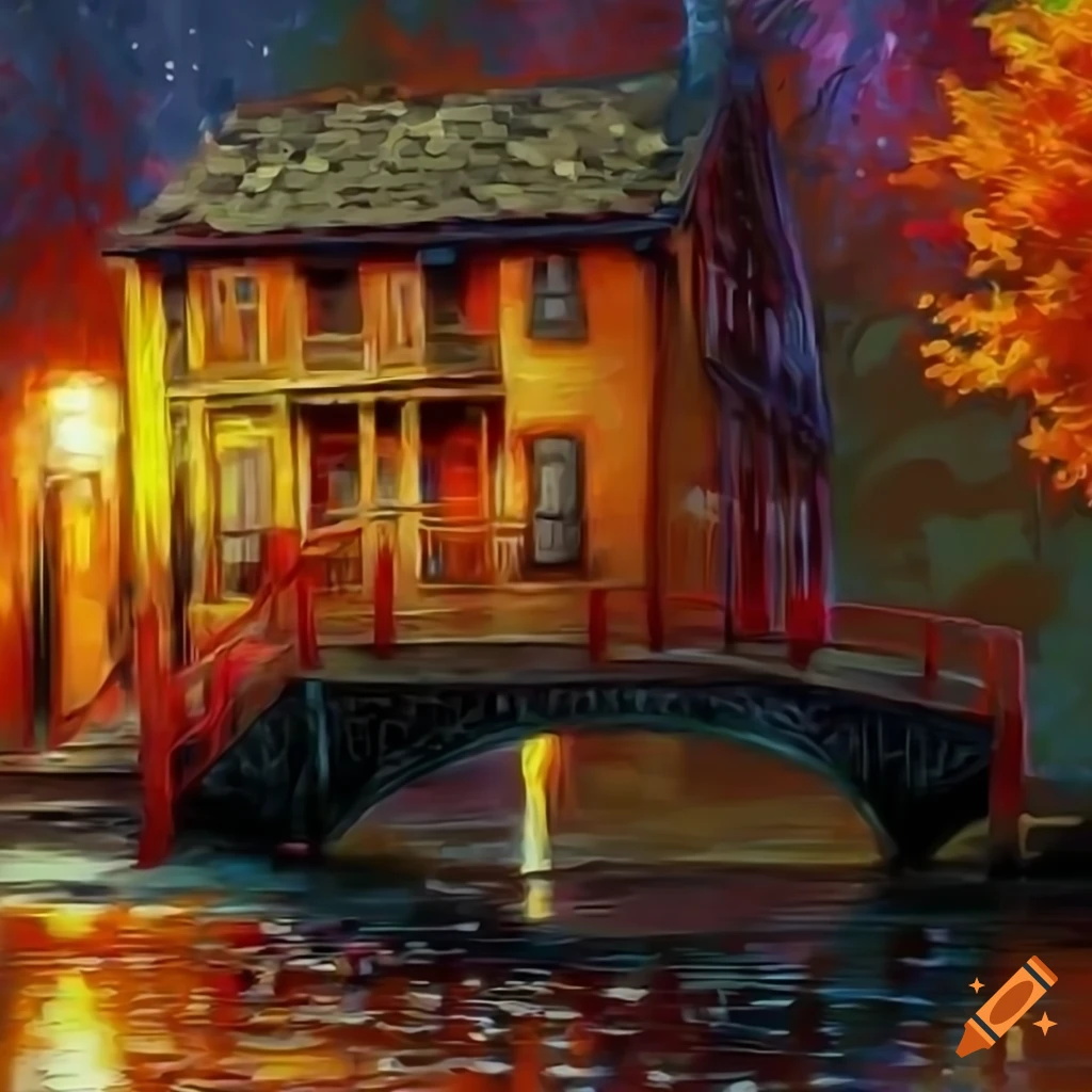 Digital painting of a bridgehouse in a rainy autumn night