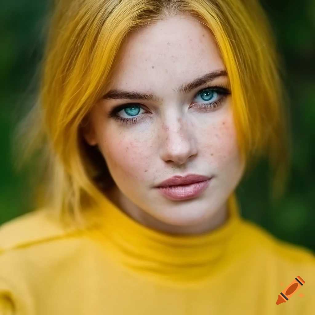 Close-up portrait of a woman with yellow hair and freckles on Craiyon