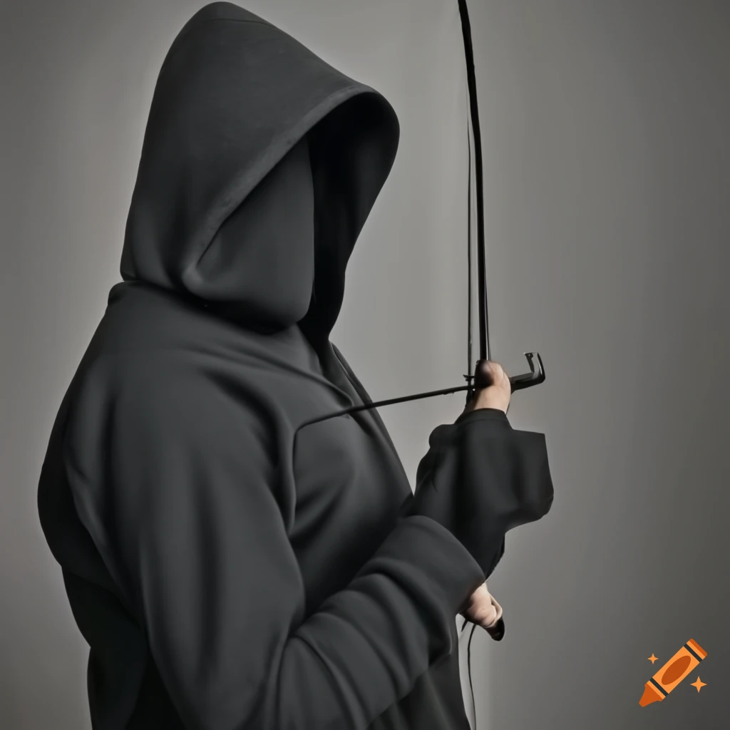 Man in black hoodie with bow and fishing rod on Craiyon