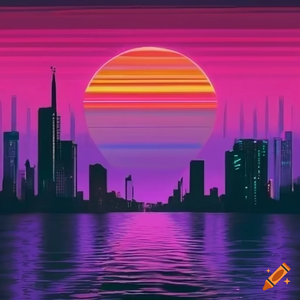  sunset City 84 Album Cover In Synthwave Style On Craiyon