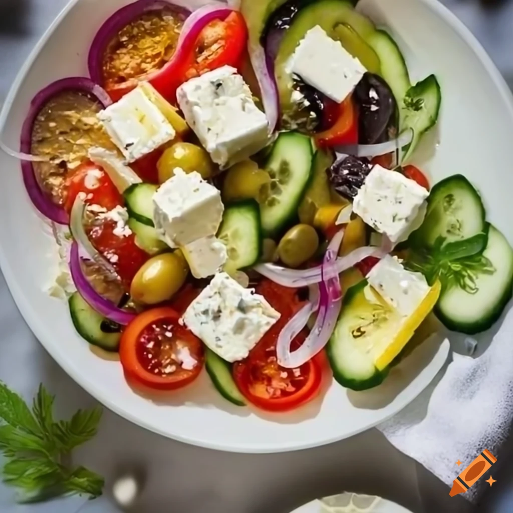 Greek salad with feta and lemon herb dressing