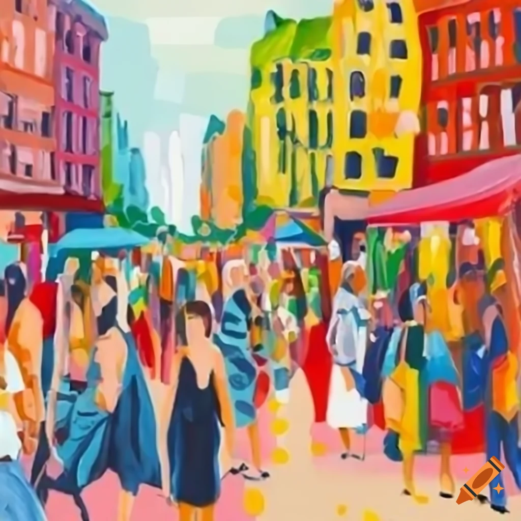 poster for a vibrant street fair with clothes, plants, jewelery and food
