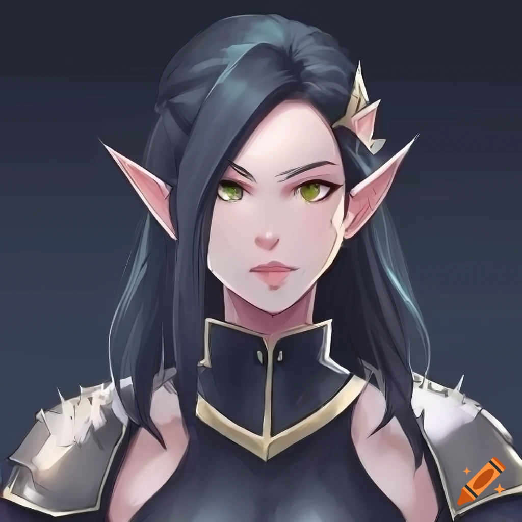 Concept art of a confident female elf with black hair on Craiyon