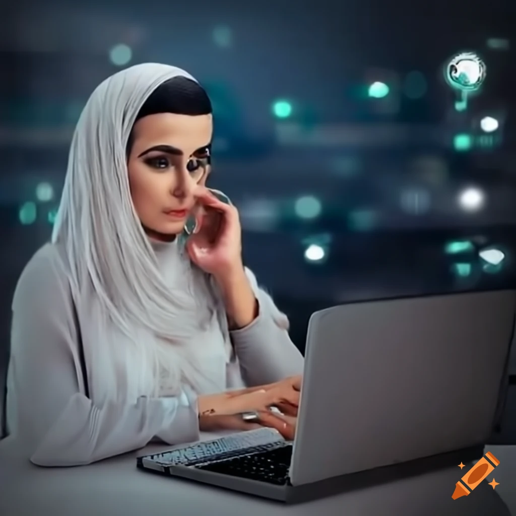 Omani modern woman using a pc for ai image generation on craiyon