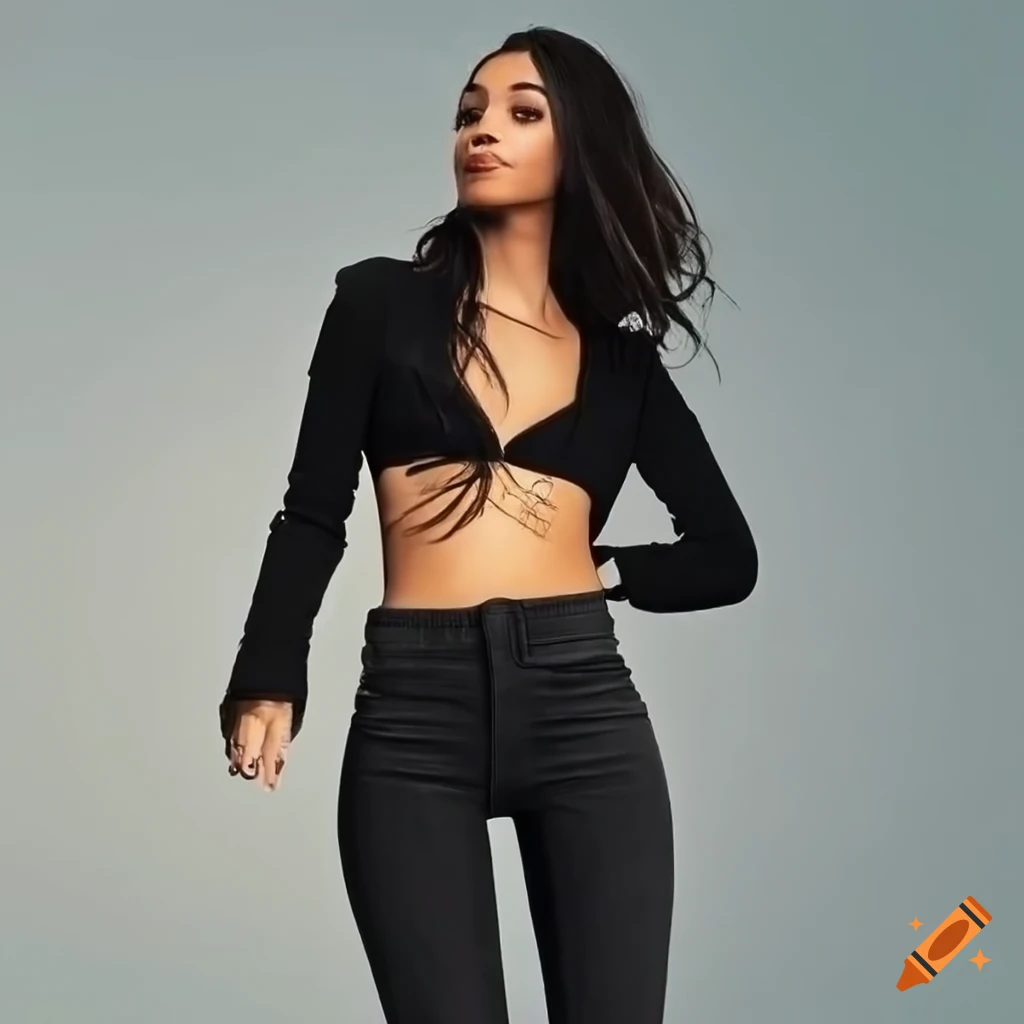 Woman wearing black skinny jeans and crop top on Craiyon