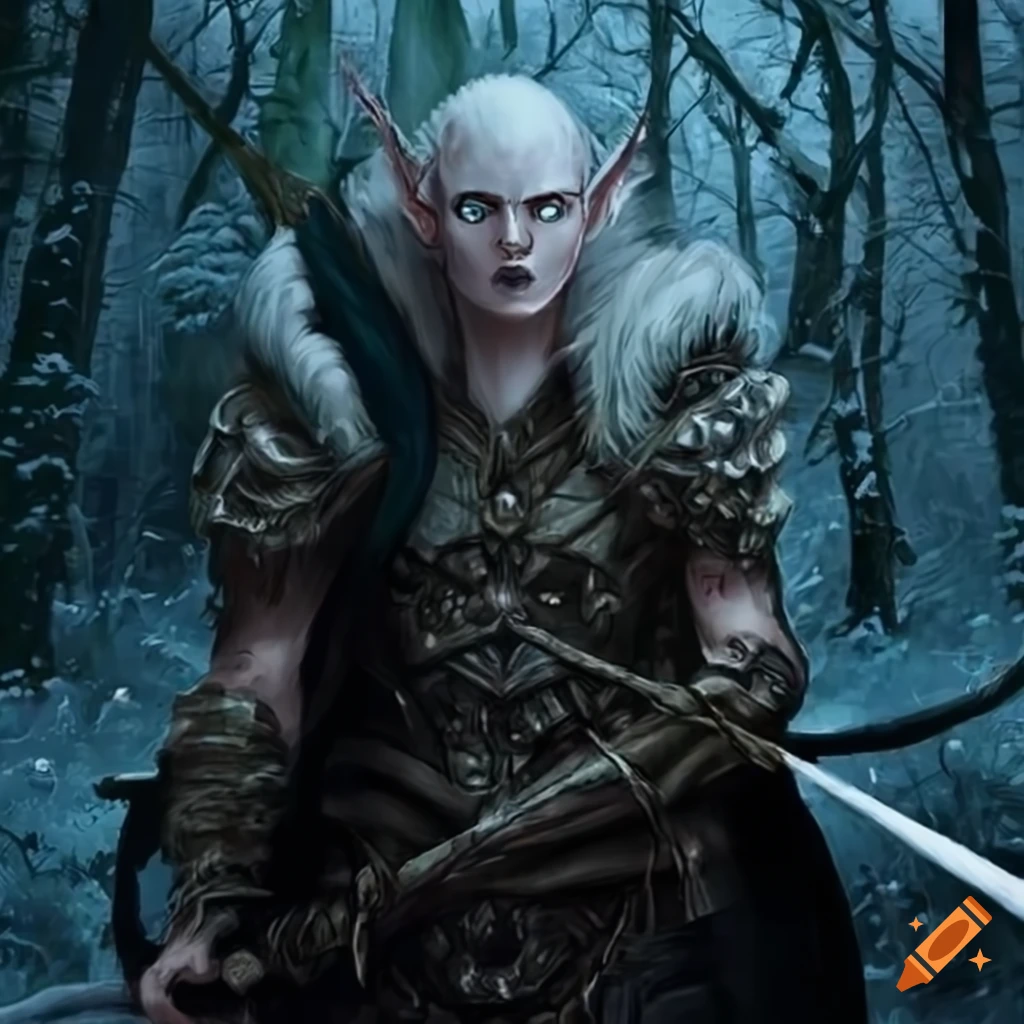 Image of a fierce wood elf warrior in a winter forest on Craiyon