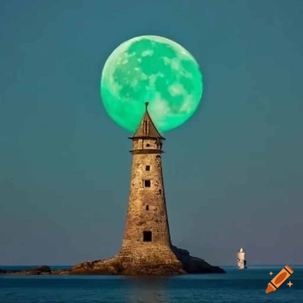 green moon rising over a coastal tower