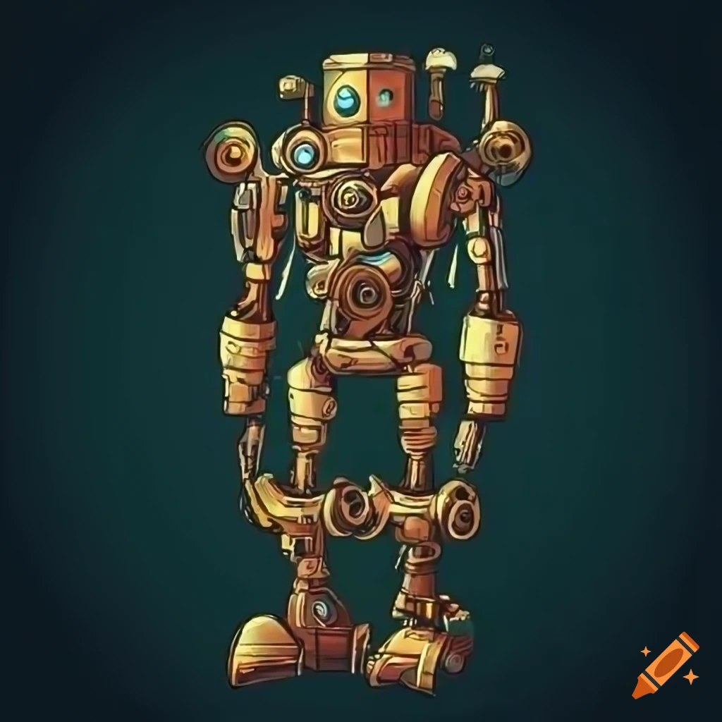 anime-style steampunk robot with brass and steel components