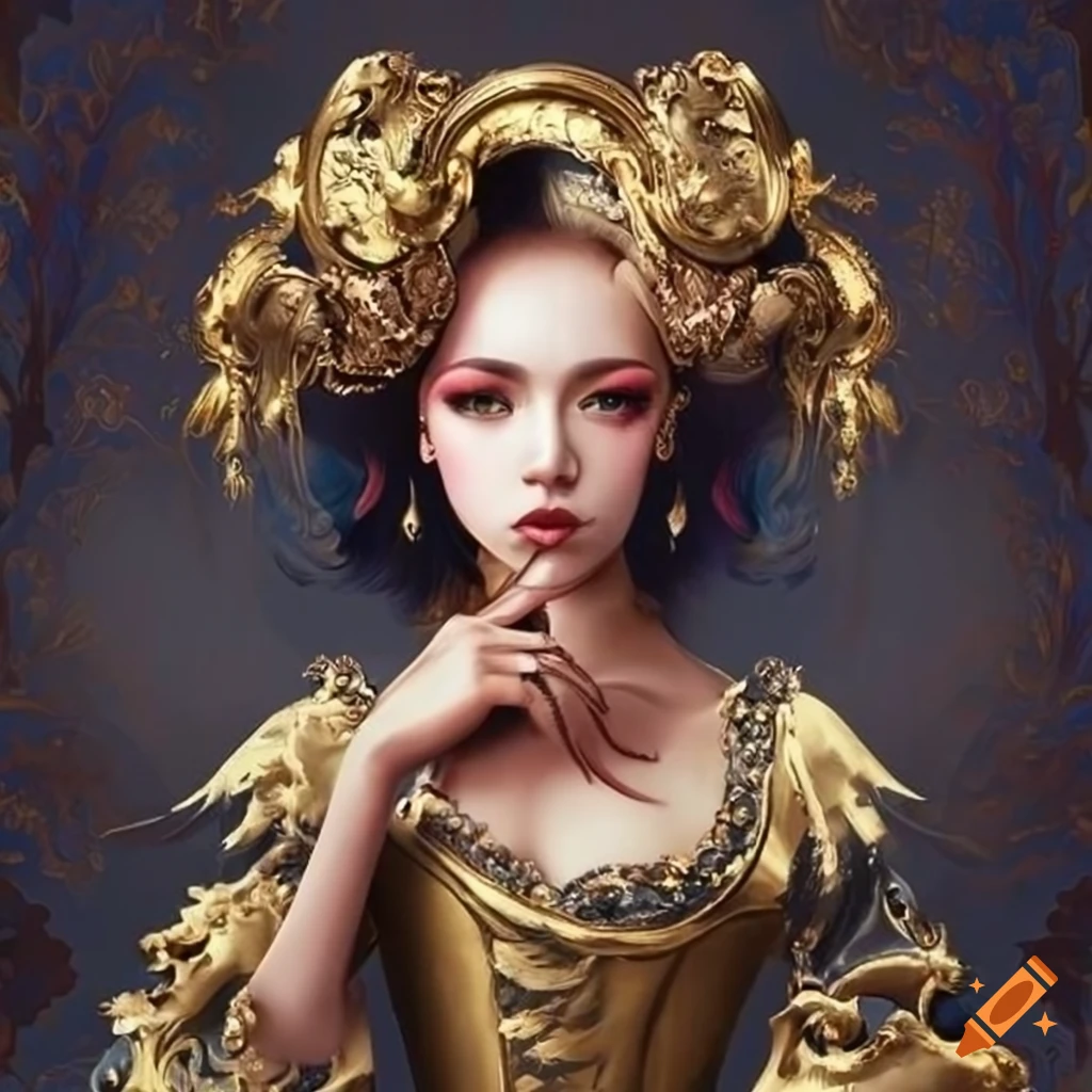 surrealistic artwork with black hair and gold motifs on walls