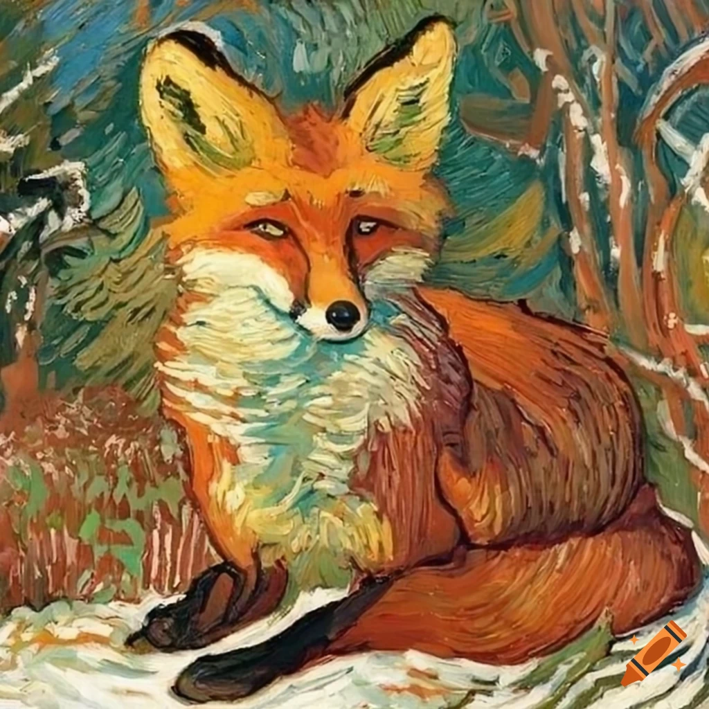 painting of a red fox in the snow by Van Gogh