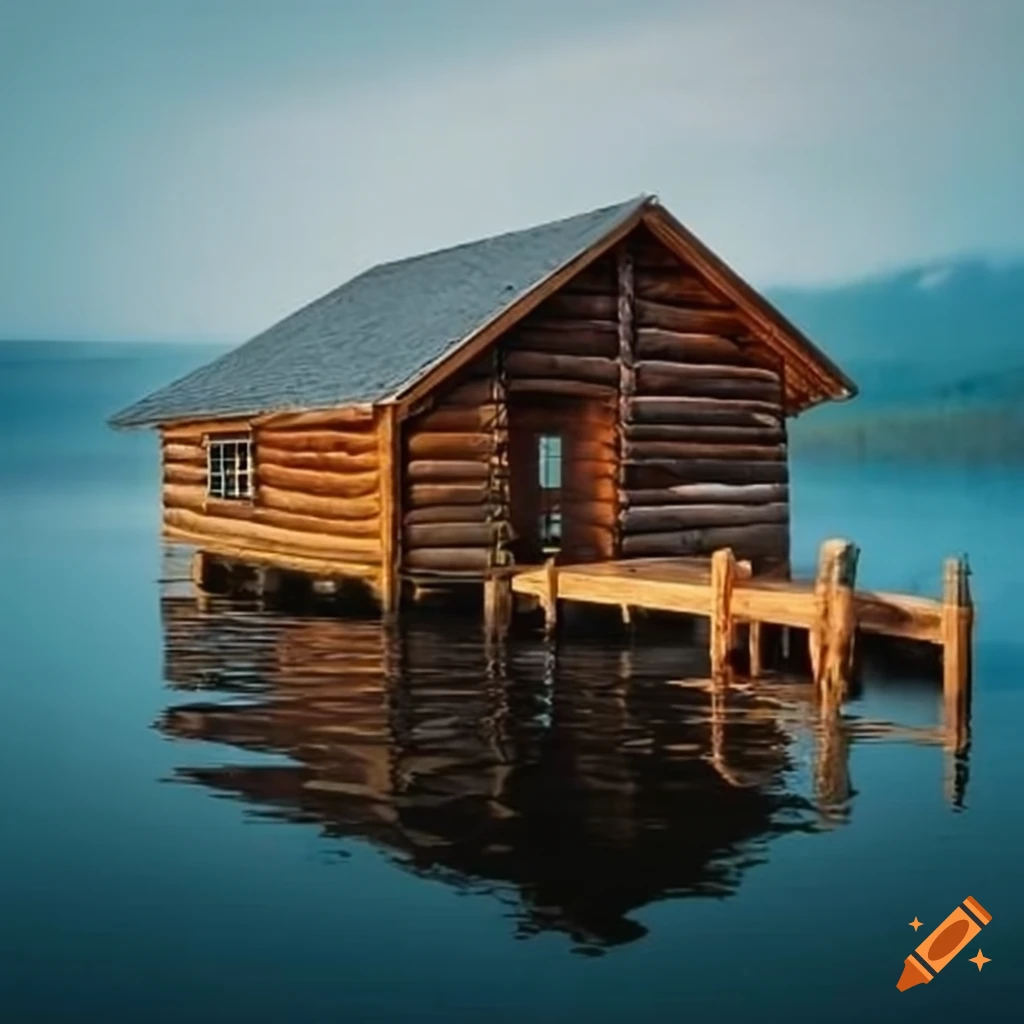 log cabin on pilings over a picturesque lake