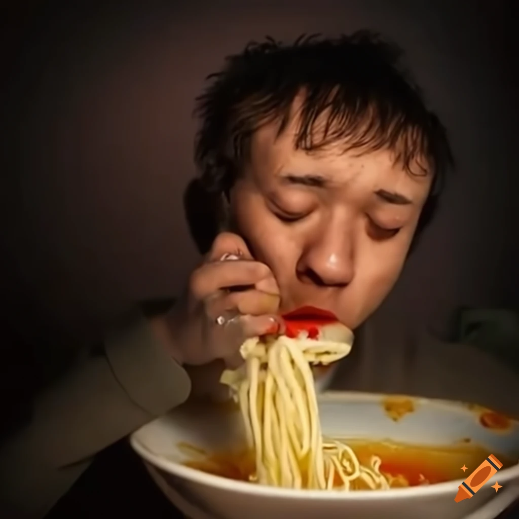 Man in distress eating pot noodles on Craiyon