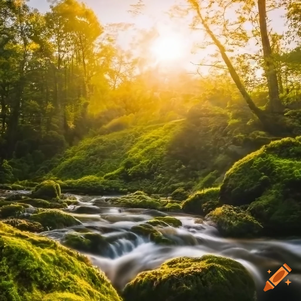 sunset over a mossy hill with a river and waterfall