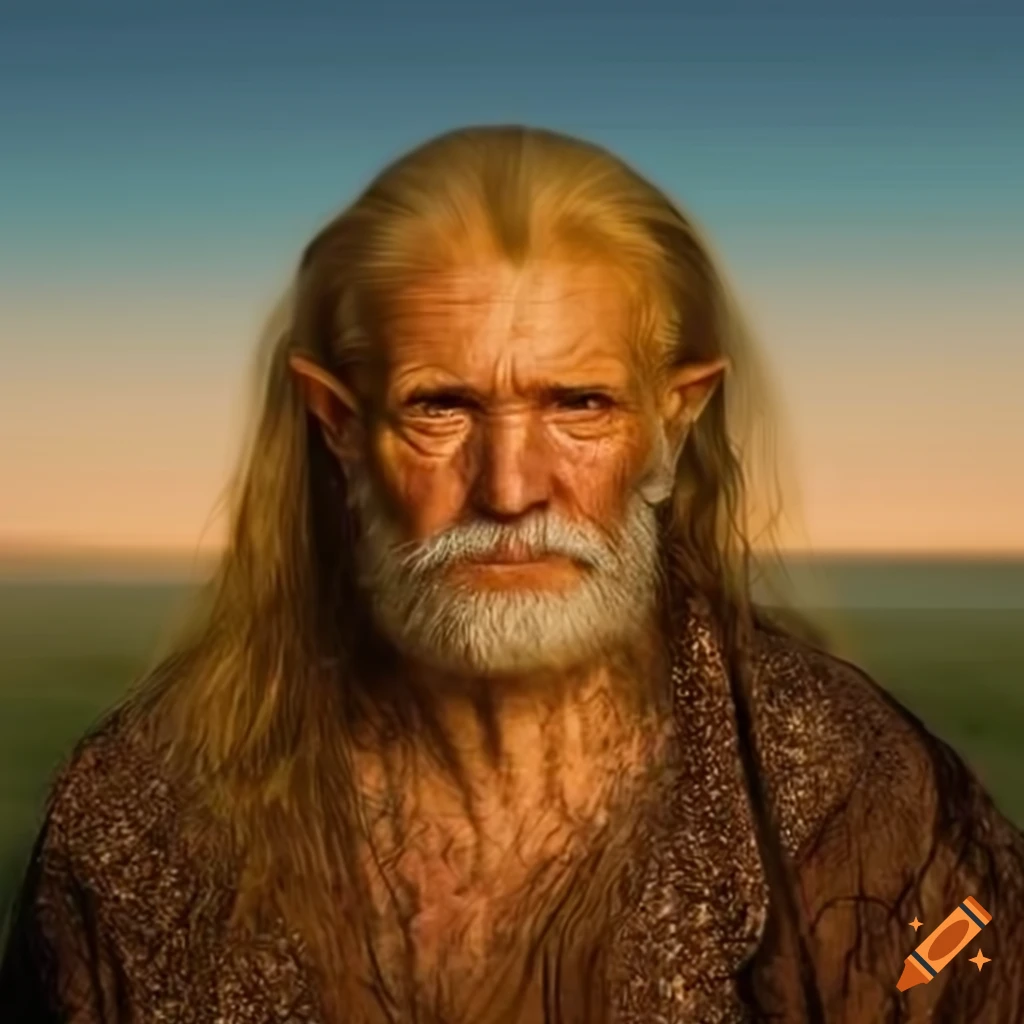 Portrait of an old man with golden skin in a steppe landscape on Craiyon