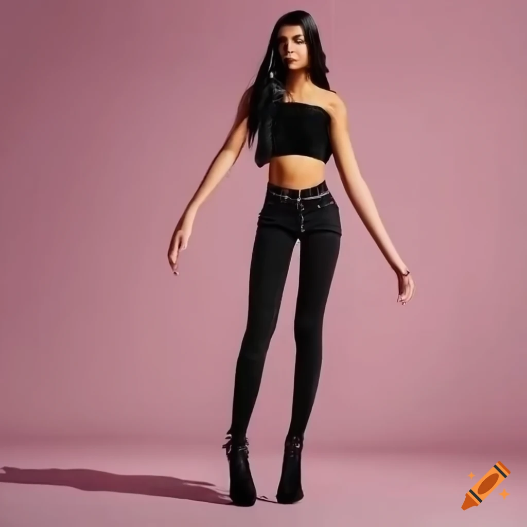 Image of woman wearing black skinny jeans and a crop top