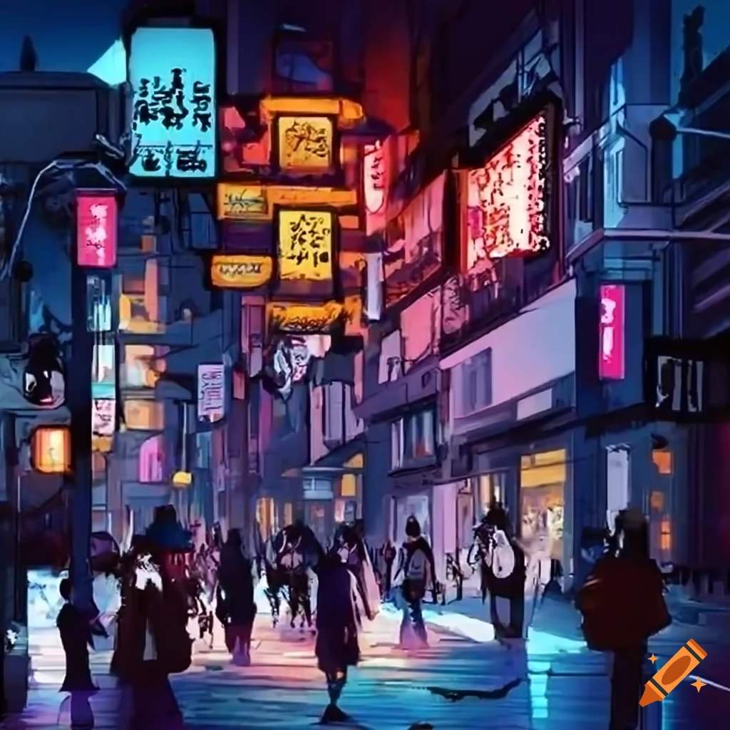 illustration of a crowded futuristic shopping street