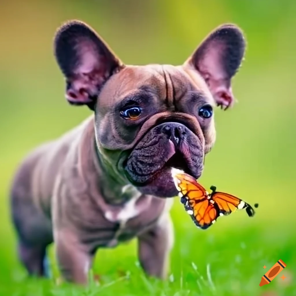 Frenchie dog playing with a butterfly