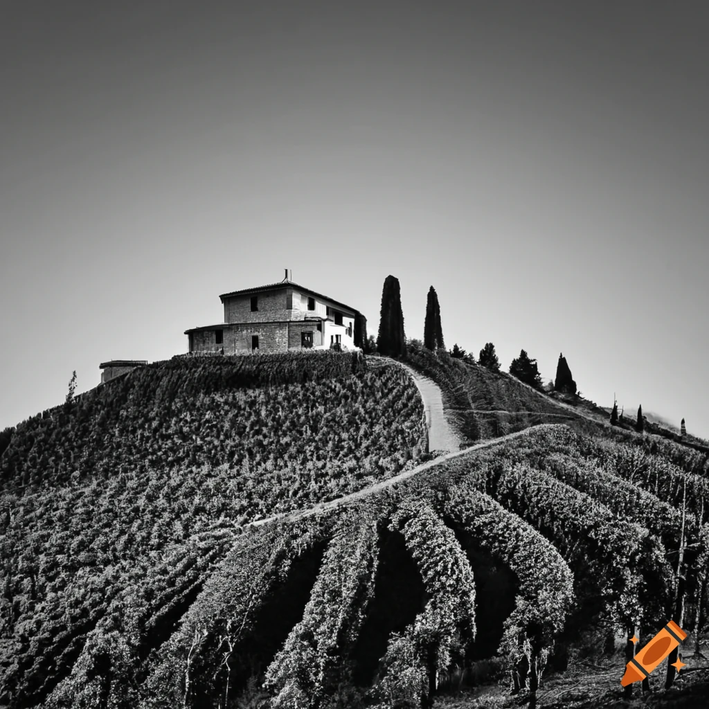 black and white landscape of a vineyard on a curved hill in Toscana