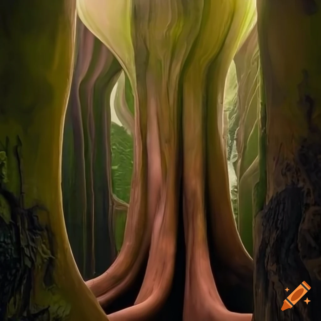 Biomorphic jungle of tall trees made of sandstone, copper, and glass