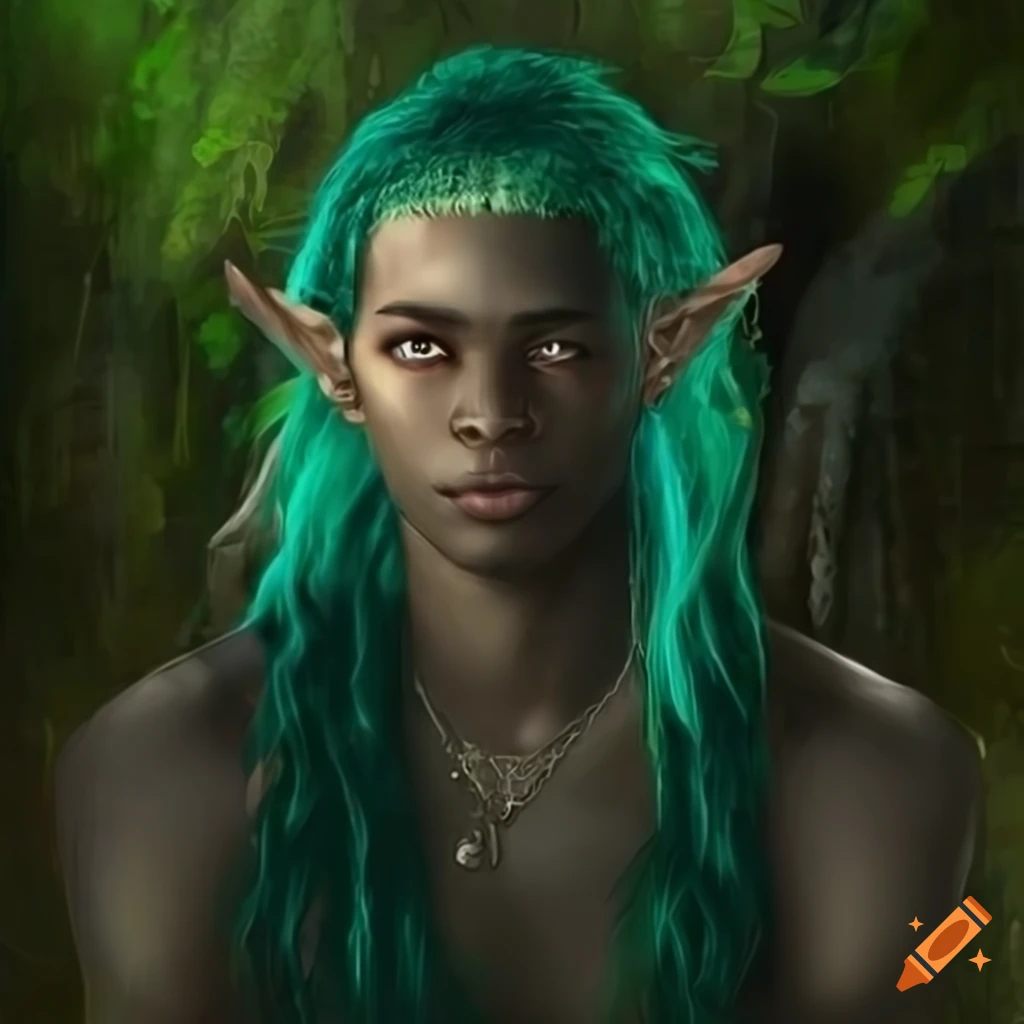 Portrait of a young black man with elf ears in a swamp