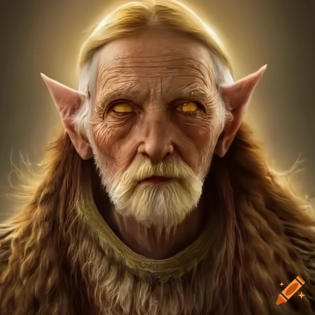 portrait of an old man with golden skin in a steppe landscape