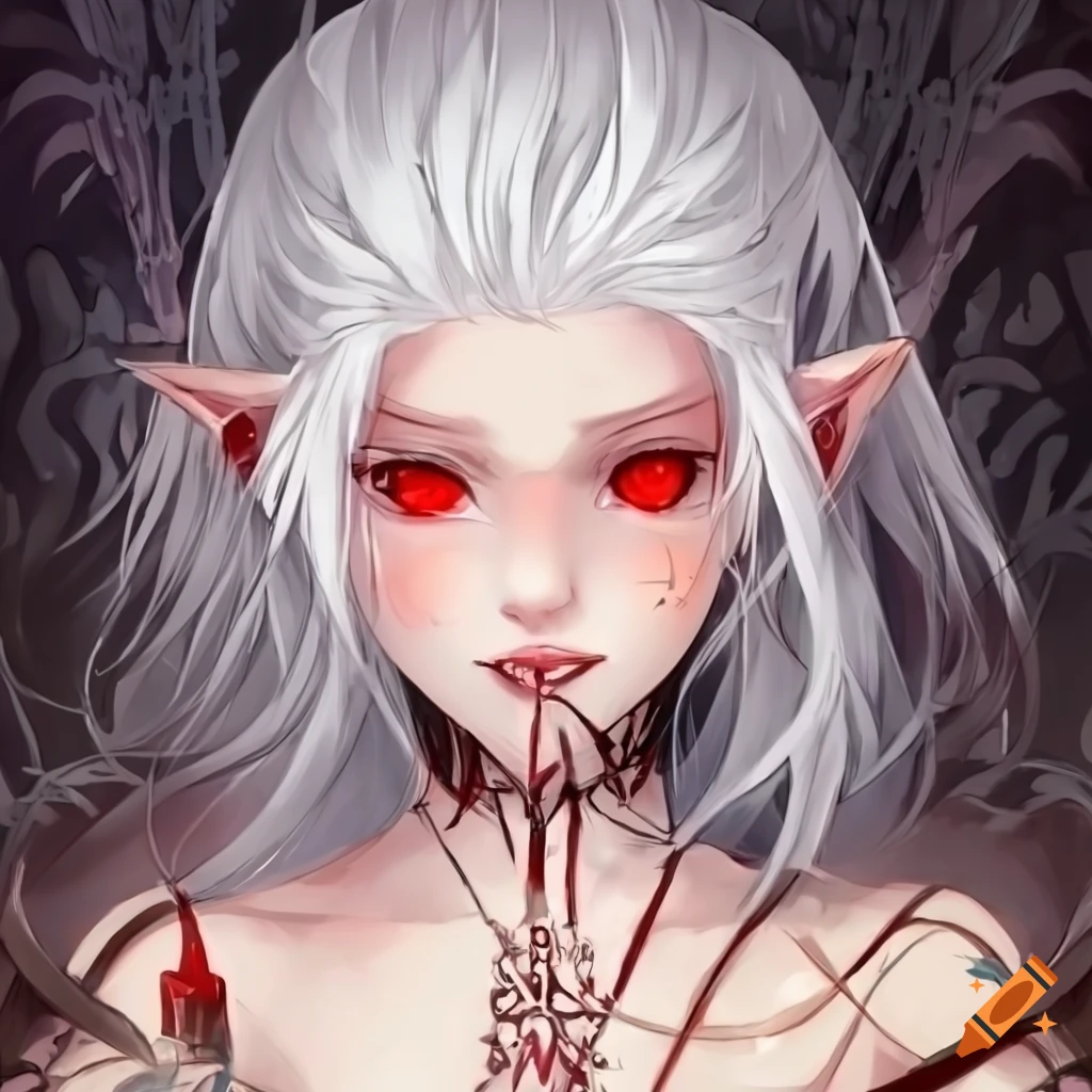 anime-style illustration of a white-haired elf girl